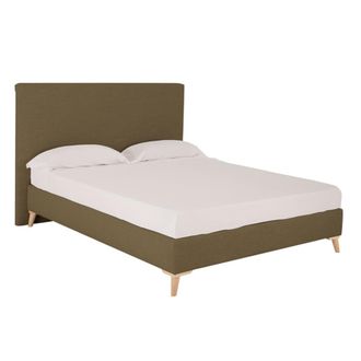 Deco Wood Cama tapizada de lino verde para colch&oacute;n 160x200cm