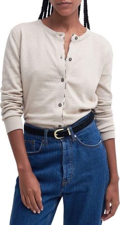 Barbour Bredon Tartan Accent Cotton & Cashmere Cardigan in Oatmeal Hessian Tart at Nordstrom, Size 10 Us