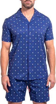 Maceoo Beachskull Blue Short Sleeve Cotton Button-Up Shirt at Nordstrom, Size Xxx-Large
