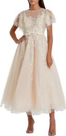 Mac Duggal Embellished Flutter Sleeve Bow Waist A Line Dress in Nude at Nordstrom, Size 16