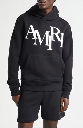 Amiri Staggered Logo Graphic Hoodie in Black at Nordstrom, Size Xx-Large