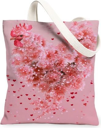 Generic Floral Chicken Canvas Tote Bags, Cute Flower Pattern Reusable Grocery Bags, Spring Lightweight Washable Shoulder Strap Canv, Peach, 13x15 Inch