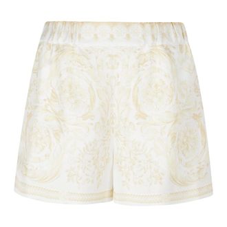 Versace Short Shorts, female, Beige, Size: XS Barocco Print Silk Shorts