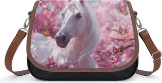 Generic Horse Butterfly Cherry Flowers Crossbody Bags for Women Leather Tote Bag Travel Purse Shoulder Bag for Work Shopping