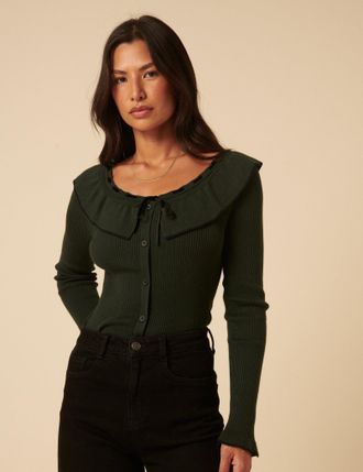 Nobody's Child Khaki Ruffle Collar Knitted Top