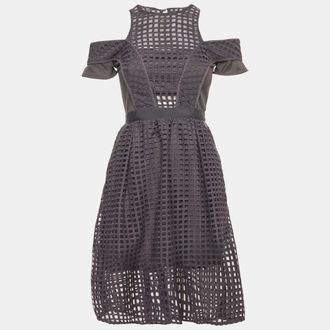 Self Portrait Grey Grid Lace And Knit Knee Length Dress