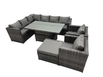 Fimous 9-seater Rattan Garden Furniture Dining Set with Big Stool in Dark Grey