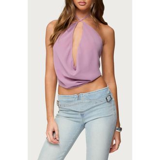 Edikted Cowl Plunge Neck Backless Crop Top in Purple at Nordstrom, Size X-Large