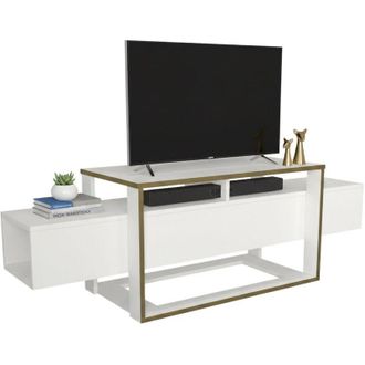 Dmora Mobile porta tv Jo, Credenza da soggiorno, Armadio basso per tv, Base parete attrezzata, 160x46h50 cm, Bianco e Oro - Dmora