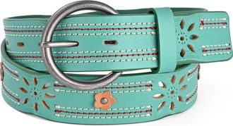 OLD TREND Blossom Genuine Leather Stitched Perforated Detail Belt in Aqua at Nordstrom, Size Medium