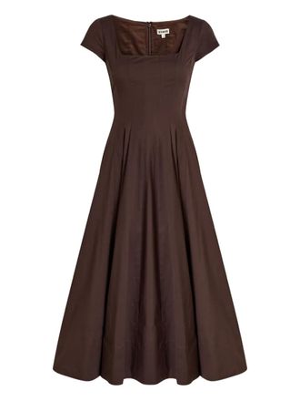 Staud Wells square-neck A-line midi dress - women - Cotton/Elastane/Cotton - 10 - Brown