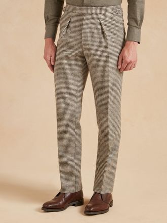 Oliver Brown Pleated Trousers Dogtooth Tweed - Undyed Wool
