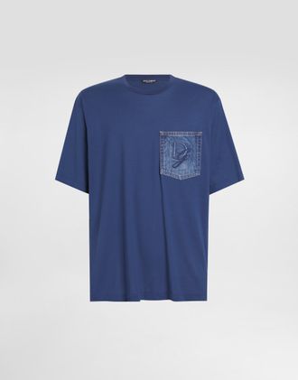 Dolce & Gabbana Cotton T-shirt With Breast Pocket And Logo Embroidery - Man T-shirts And Polos Blue 46