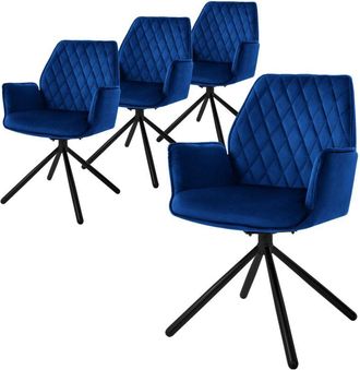 ML Design Ml-design - 4x Sillas De Comedor Con Respaldo Y Reposabrazos Asientos Azul Oscuro Tapizado Con Funda De Terciopelo Patas De Metal Sill&oacute;n Giratorio Dis