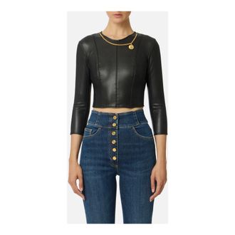Elisabetta Franchi Overhemden, Dames, Zwart, M, Leer, Top met Ketting en Bedel