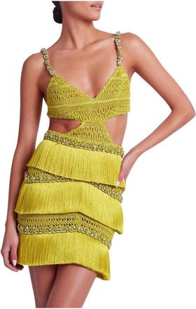 PatBo Kralen franje mini-jurk Absint - Dames - Feestkleedjes - Groen - XS - Leer - Kleedjes
