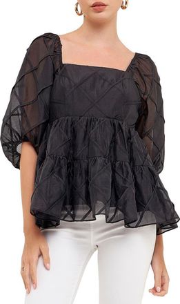 endless rose Square Neck Organza Babydoll Top in Black at Nordstrom, Size X-Small
