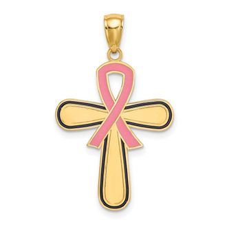 Diamond2Deal 14k Yellow Gold Enamel Pink Ribbon Breast Cancer Cross