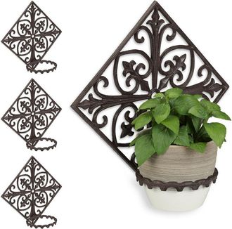 Relaxdays Relaxdays - 4 Soportes de Macetas Pared de Estilo Antiguo, Hierro fundido, Marrón oscuro, ø 13 cm