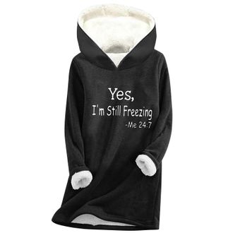 Generic Women Fleece Lined Hoodie Freezing Letter Print Hooded Sweatshirt Long Sleeve Pullover with Hood Fall Winter Warm Thermal Top Casual Loose-Fit Plush S