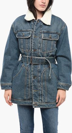 Diesel LIBRARY Denim Coat DE-FLAMINIA-T with Belt and Faux-Fur Lining Diesel