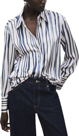 Mango Stripe Satin Button-Up Shirt in Navy at Nordstrom, Size 6