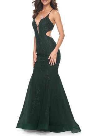 La Femme Lace and Tulle Mermaid Gown with Side Cut Outs in Jewel Tones in Dark Emerald at Nordstrom, Size 00