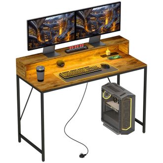 HOMCOM Computer Desk with LED Lights - Study Table with Shelf - Rustic Brown | TJ Hughes