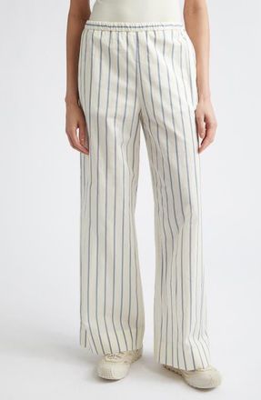 Moncler Stripe Cotton & Silk Trousers in Ivory/Blue Stripe at Nordstrom, Size 10 Us