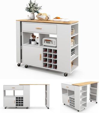 Costway Carrito De Cocina, Carrito De Servicio M&oacute;vil 2 En 1, Carrito De Almacenamiento Con Tapa De Madera De Caucho, Estante Ajustable, Portabotellas, Caj&oacute;n, 