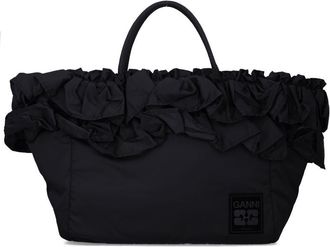 Ganni Black Nylon Ruffled Xxl Shopper Bag