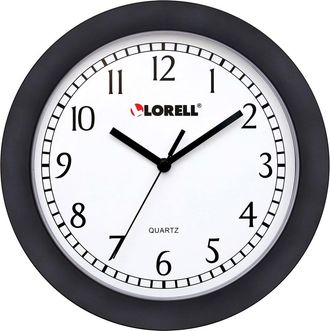 Lorell 9 Round Wall Clock - Analog - Quartz - White Main Dial - Black/Plastic Case