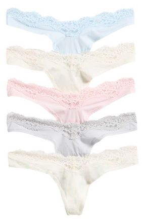 SKIMS 5-Pack Fits Everybody Lace Dipped Thong in Ivory Pearl Bow Multi at Nordstrom, Size Xx-Small