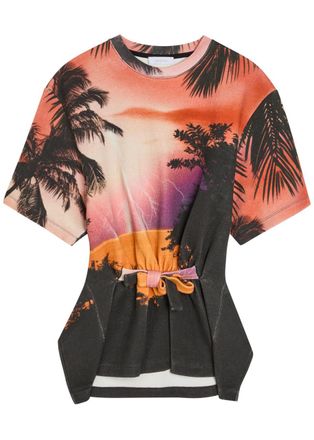 Paco Rabanne Printed Gathered Linen and Cotton-blend T-shirt - Purple - 40 (UK12 / M)