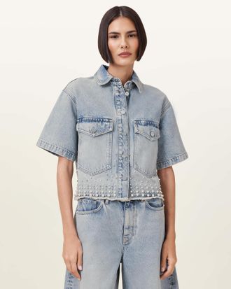 AllSaints Cotton Tove Embellished Oversized Denim Shirt, Size: XS