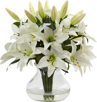 Nearly Natural 13.5-in Lily Artificial Arrangement with Glass Vase in White at Nordstrom