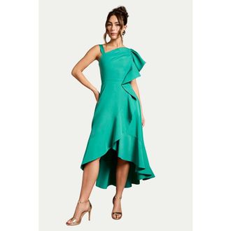 Coast One Shoulder Crepe Ruffle Midi Dress in Teal at Nordstrom, Size 12