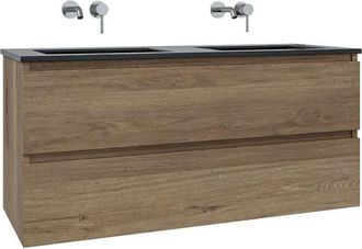 Adema Chaci Badkamermeubelset - 120x46x57cm - 2 keramische wasbakken zwart - zonder kraangaten - 2 lades - eiken