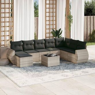 vidaXL Set Muebles Jard&iacute;n 9 Pzas Y Cojines Rat&aacute;n Sint&eacute;tico Gris Claro Vidaxl