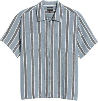 Brixton Dexter Textured Striped Zip Shirt in Black/dusty Blue at Nordstrom, Size Xx-Large