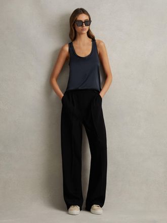 Reiss Black Half-elasticated Wide Leg Trousers, 18R