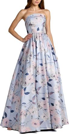 Mac Duggal Floral Brocade Strapless A Line Ballgown in Blue Multi at Nordstrom, Size 10