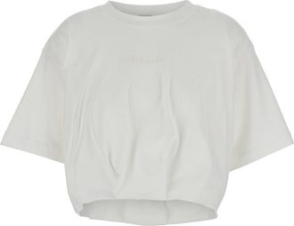 Pinko White Crop T-shirt With Logo On The Front And Gathers In Cotton Woman
