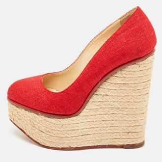 Charlotte Olympia Red Canvas Carmen Espadrille Platform Wedge Pumps
