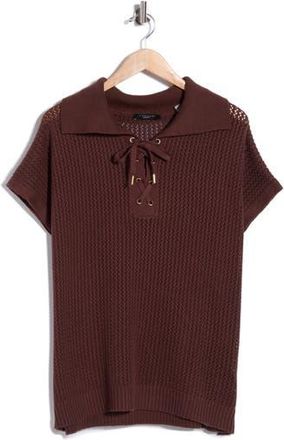 T Tahari Tie Neck Short Sleeve Open Stitch Sweater in Cocoa Bean at Nordstrom Rack, Size 1 X