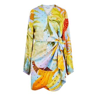 Never Fully Dressed Wrapjurk met bloemenprint, V-hals en lange mouwen voor dames (Blauw/Geel)