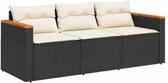 vidaXL Sof&aacute; De Jard&iacute;n De 3 Plazas Con Cojines Rat&aacute;n Sint&eacute;tico Negro Vidaxl