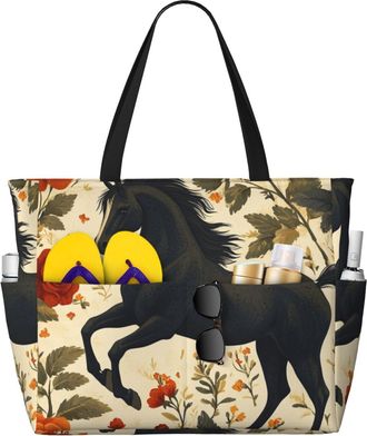 Generic Horse Floral Print Large Beach Bag Foldable Travel Shoulder Tote Bag With Pocket For Weekender Pool Vacation