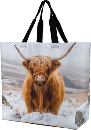 Generic Highland Cow in Scottish Highlands Tote Bag Reusable Grocery Shopping Bags Large Travel One Shoulder Handbag for Picnic Work