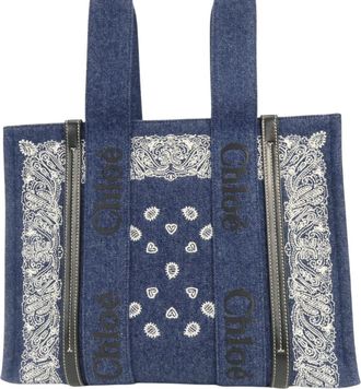 Chlo&eacute; Blue White Cotton Denim Leather Tote Bag (Pre-Owned)
